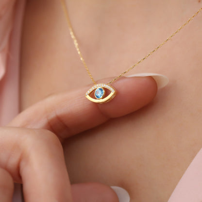 Blue Evil Eye Necklace in 14K Solid Gold with Real Diamonds, Symbol of Protection Queen Jewelry Necklace