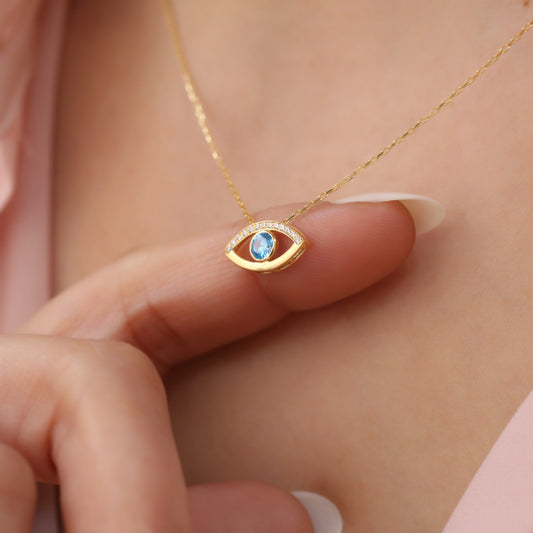 Blue Evil Eye Necklace in 14K Solid Gold with Real Diamonds, Symbol of Protection Queen Jewelry Necklace
