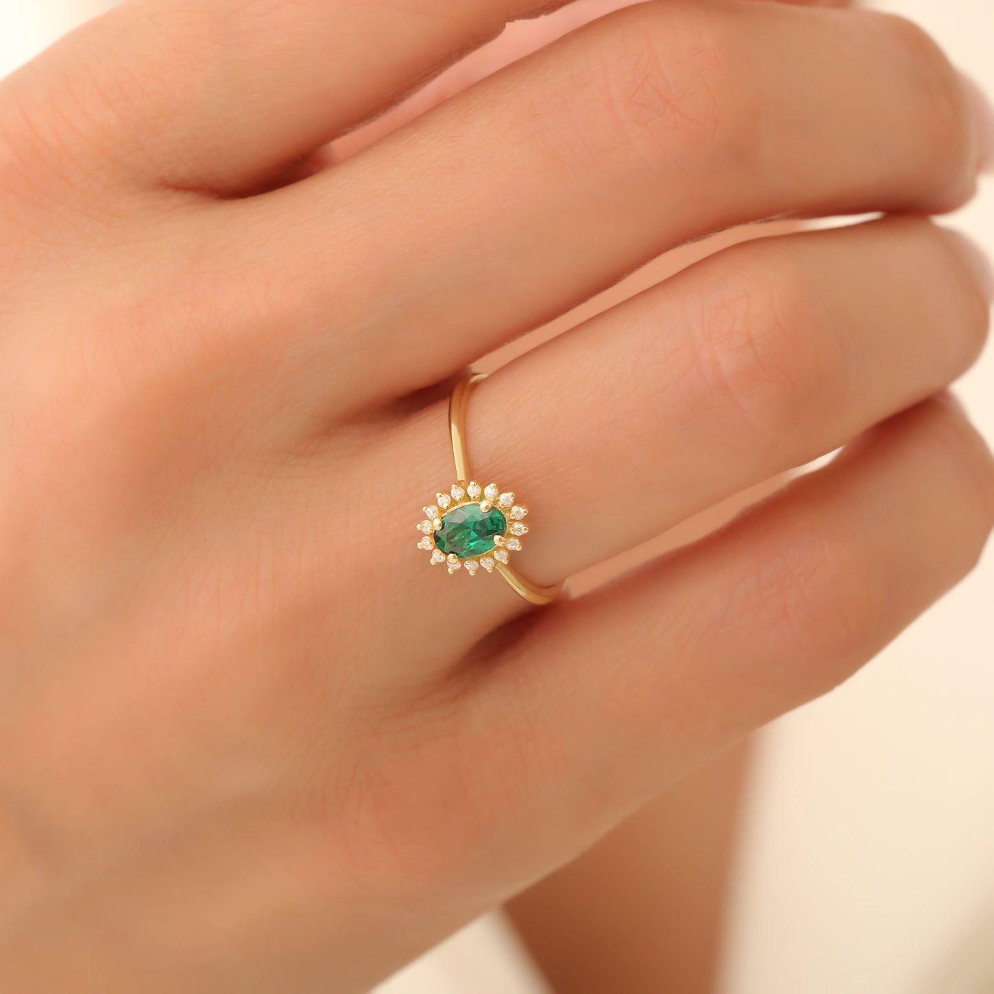 Emerald Oval Ring 8K/10K/14K Solid Gold Surrounded by Real Diamonds, May Birthstone Gift