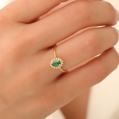 Emerald Oval Ring 8K/10K/14K Solid Gold Surrounded by Real Diamonds, May Birthstone Gift