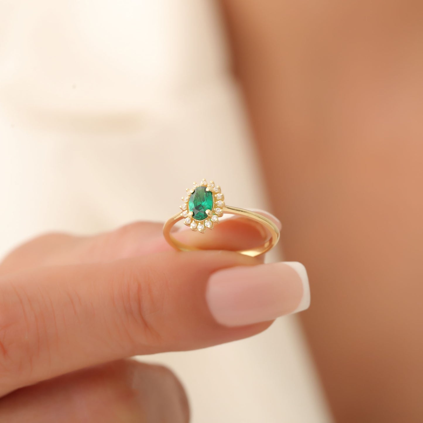 Emerald Oval Ring 8K/10K/14K Solid Gold Surrounded by Real Diamonds, May Birthstone Gift