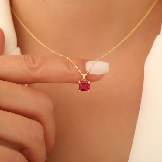 Ruby Square Necklace in 14K Solid Gold | July Birthstone Pendant Queen Jewelry Necklace