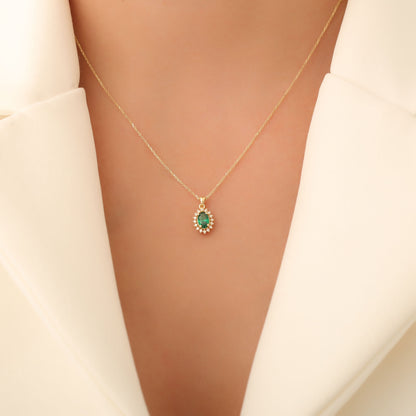 Oval Cut Emerald Necklace with Real Diamonds, 10K/14K Solid Gold, May Birthstone Pendant