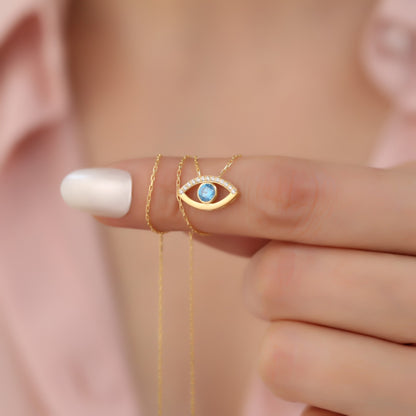 Blue Evil Eye Necklace in 14K Solid Gold with Real Diamonds, Symbol of Protection Queen Jewelry Necklace