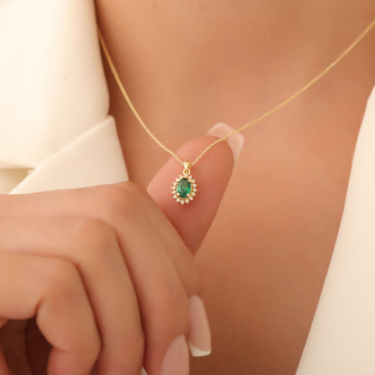 Oval Cut Emerald Necklace with Real Diamonds, 10K/14K Solid Gold, May Birthstone Pendant