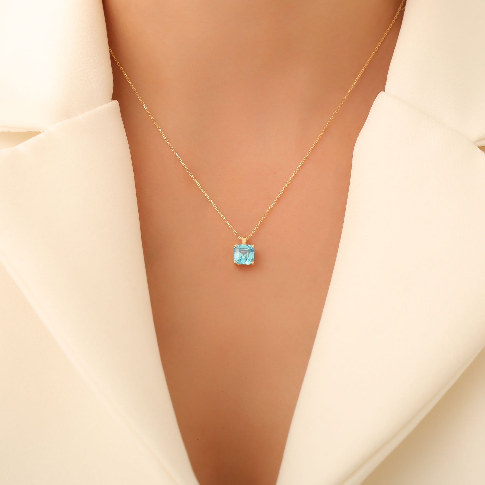 Blue Topaz Square Necklace in 14K Solid Gold | December Birthstone Pendant Queen Jewelry Necklace