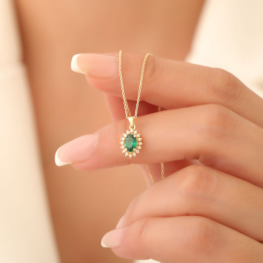 Oval Cut Emerald Necklace with Real Diamonds, 10K/14K Solid Gold, May Birthstone Pendant