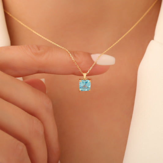 Blue Topaz Square Necklace in 14K Solid Gold | December Birthstone Pendant Queen Jewelry Necklace