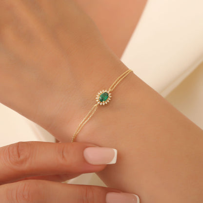 Emerald Oval Bracelet 8K/10K/14K Solid Gold Surrounded by Real Diamonds, May Birthstone Gift