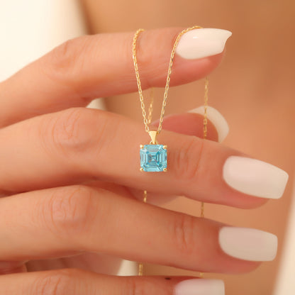 Blue Topaz Square Necklace in 14K Solid Gold | December Birthstone Pendant Queen Jewelry Necklace