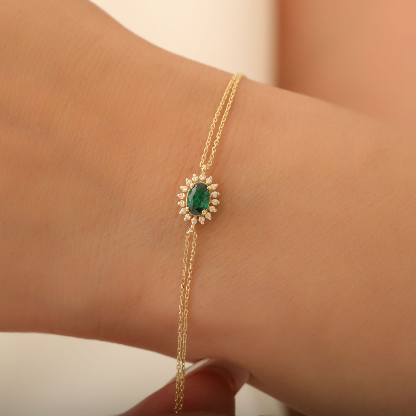 Emerald Oval Bracelet 8K/10K/14K Solid Gold Surrounded by Real Diamonds, May Birthstone Gift