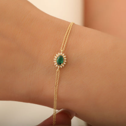 Emerald Oval Bracelet 8K/10K/14K Solid Gold Surrounded by Real Diamonds, May Birthstone Gift