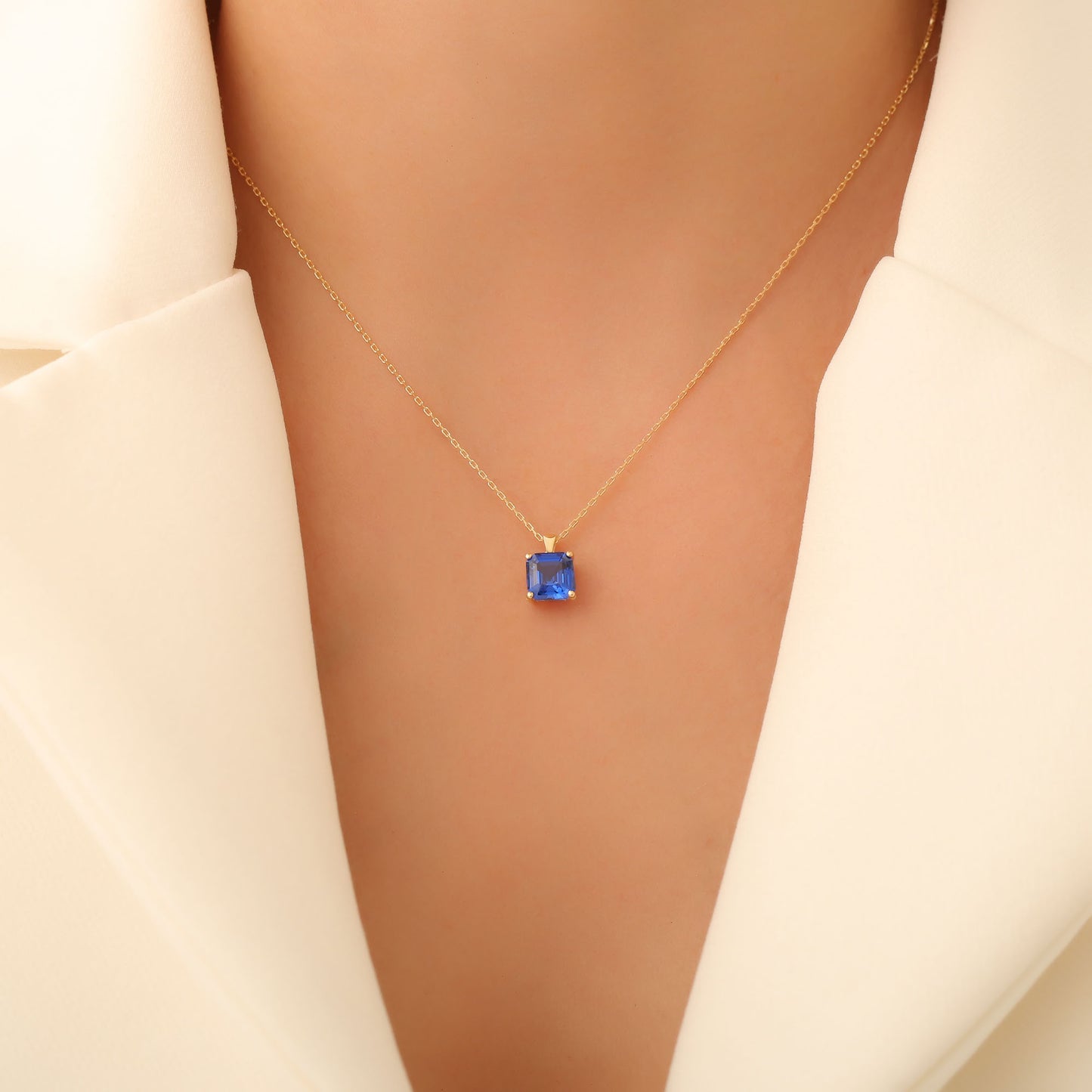 Sapphire Square Necklace in 14K Solid Gold | September Birthstone Pendant Queen Jewelry Necklace