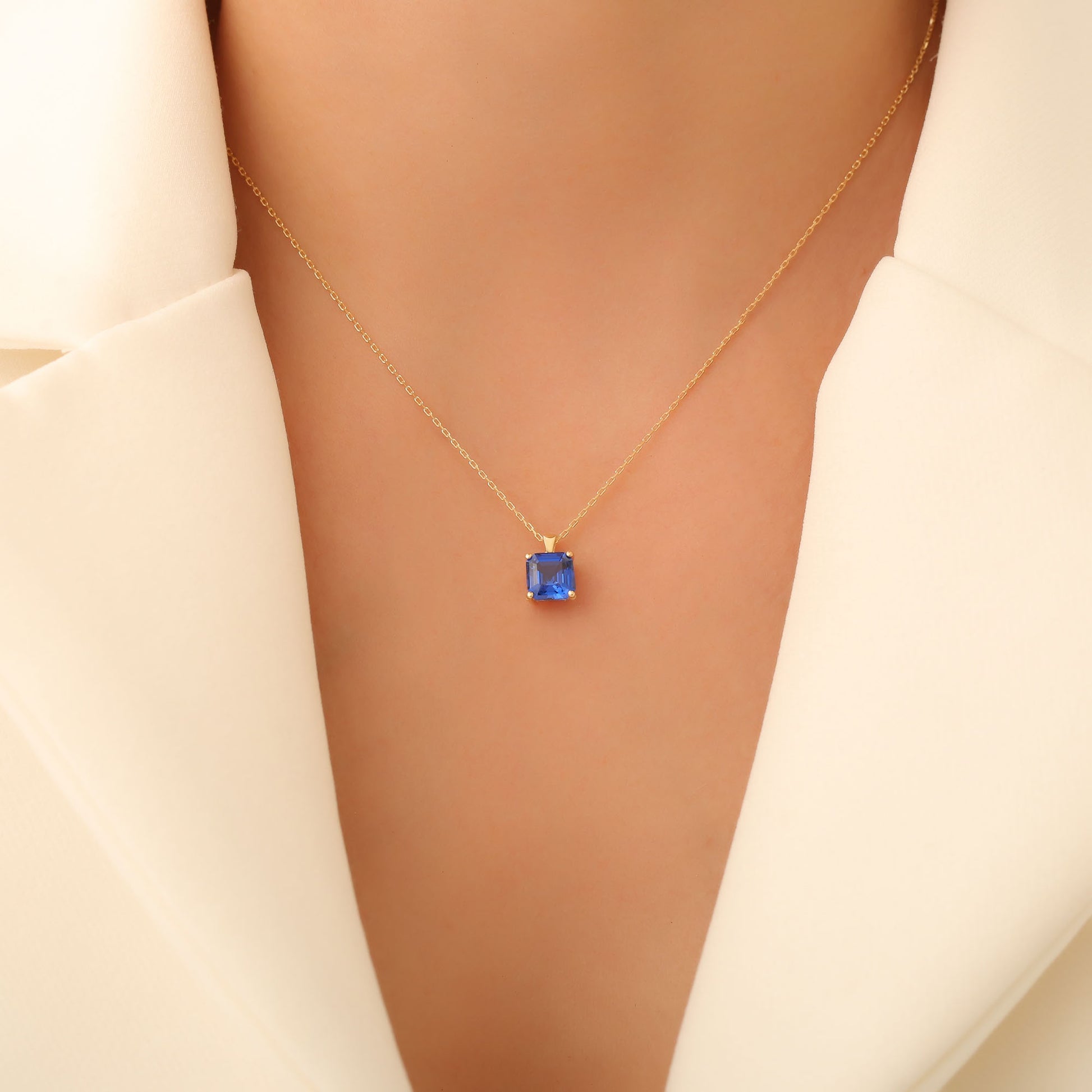 Sapphire Square Necklace in 14K Solid Gold | September Birthstone Pendant Queen Jewelry Necklace
