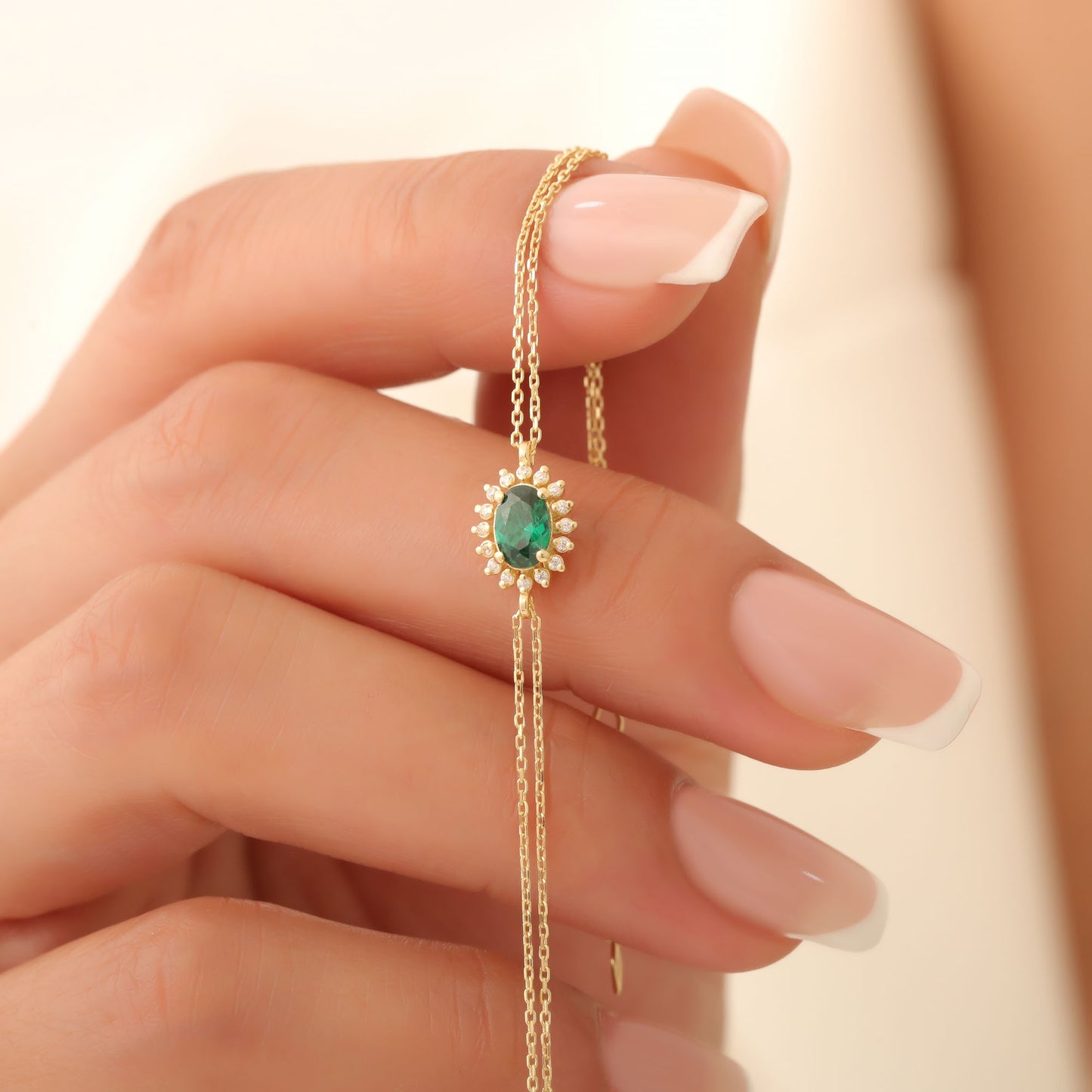 Emerald Oval Bracelet 8K/10K/14K Solid Gold Surrounded by Real Diamonds, May Birthstone Gift