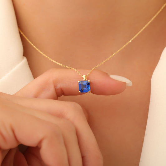 Sapphire Square Necklace in 14K Solid Gold | September Birthstone Pendant Queen Jewelry Necklace