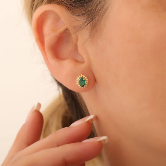 Oval Cut Emerald Stud Earring Surrounded by Real Diamonds, 10K/14K Solid Gold, May Birthstone