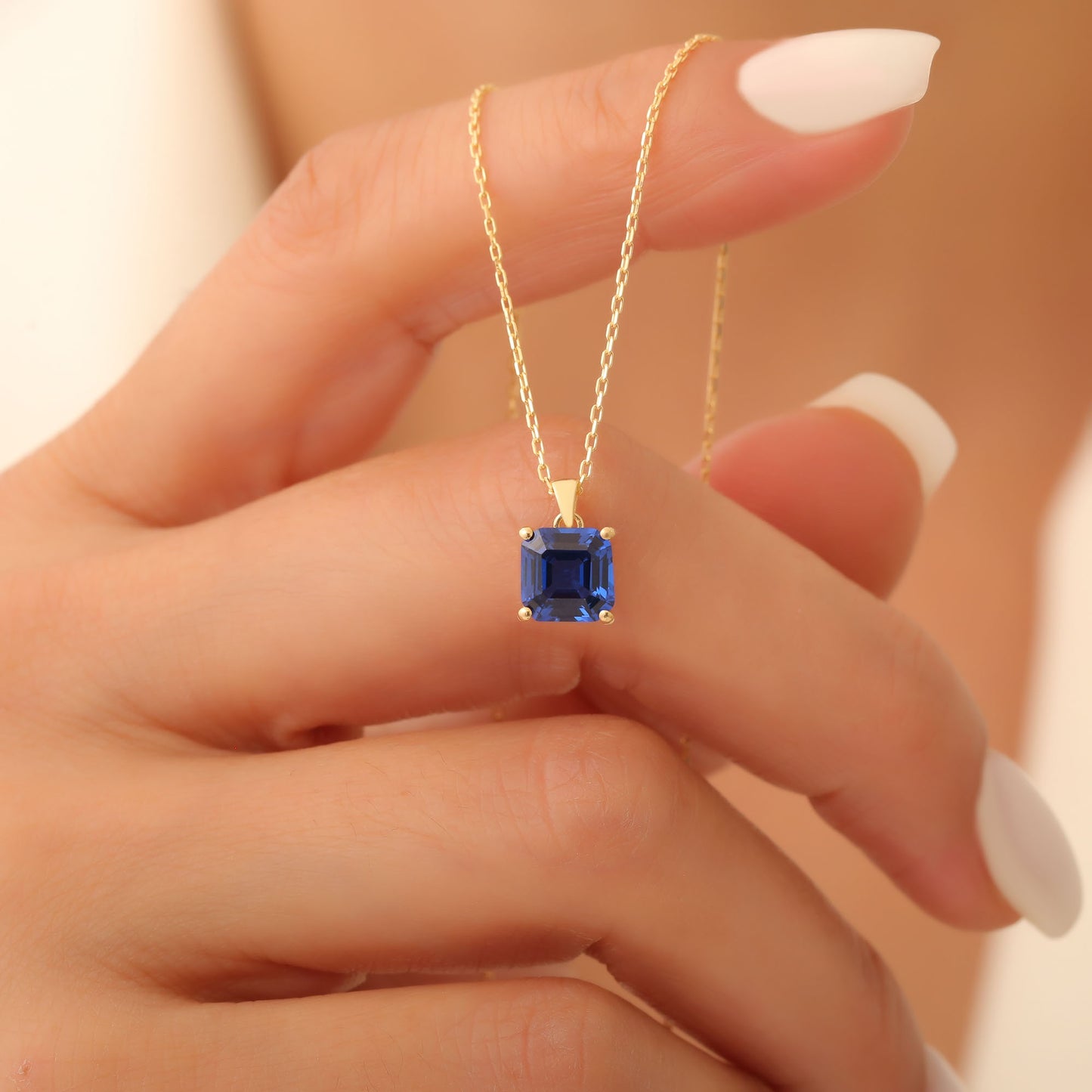 Sapphire Square Necklace in 14K Solid Gold | September Birthstone Pendant Queen Jewelry Necklace