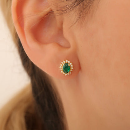 Oval Cut Emerald Stud Earring Surrounded by Real Diamonds, 10K/14K Solid Gold, May Birthstone