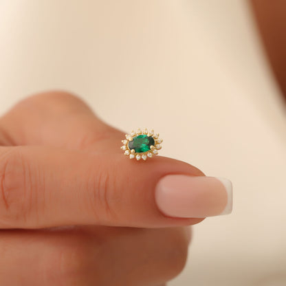 Oval Cut Emerald Stud Earring Surrounded by Real Diamonds, 10K/14K Solid Gold, May Birthstone