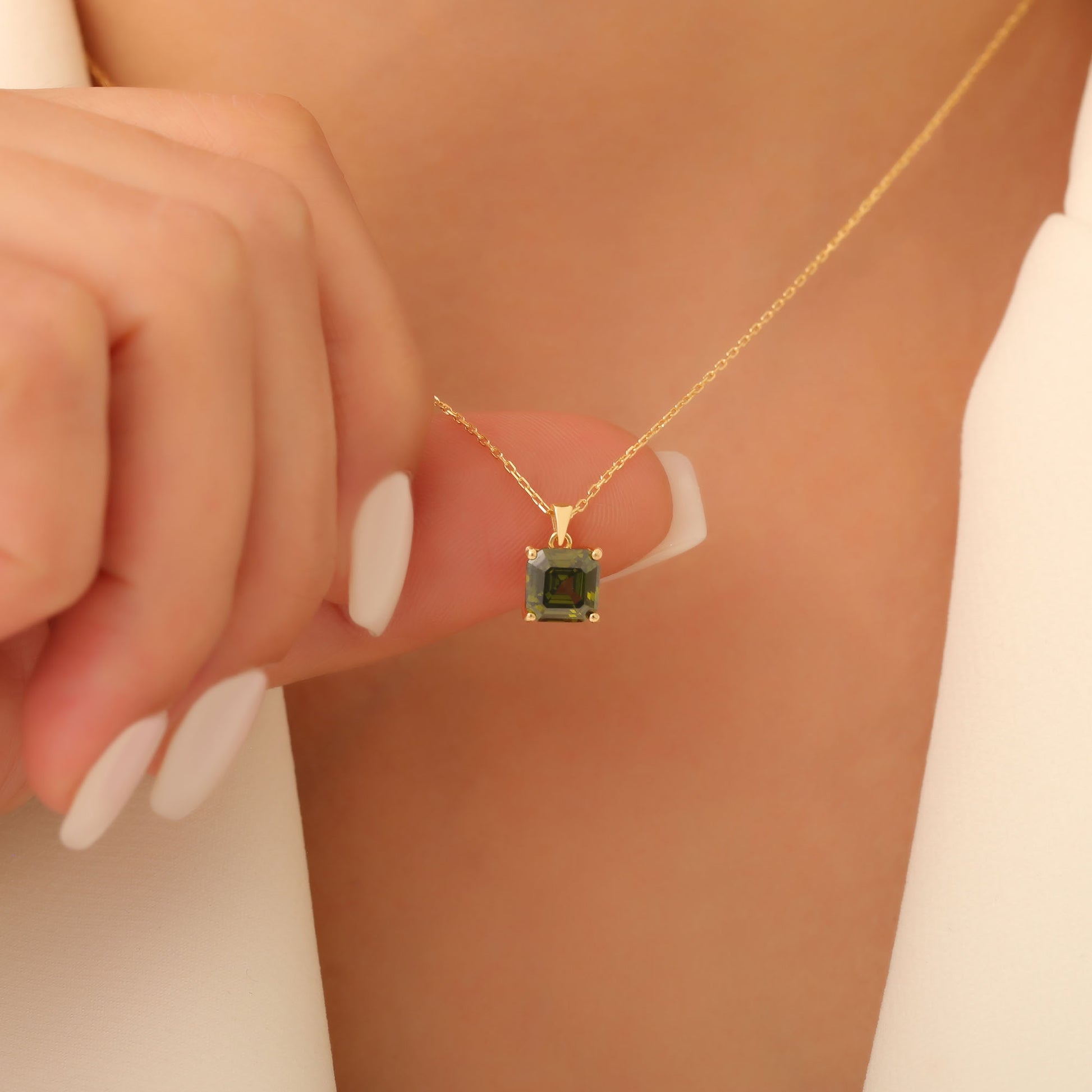 Peridot Square Necklace in 14K Solid Gold | August Birthstone Pendant Queen Jewelry Necklace