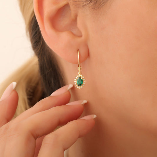 Oval Cut Emerald Dangling Earring Surrounded by Real Diamonds, 8K/10K/14K Solid Gold, May Birthstone