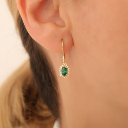 Oval Cut Emerald Dangling Earring Surrounded by Real Diamonds, 8K/10K/14K Solid Gold, May Birthstone