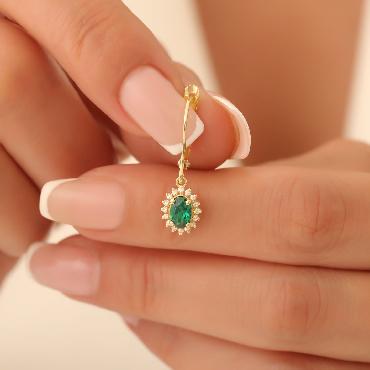 Oval Cut Emerald Dangling Earring Surrounded by Real Diamonds, 8K/10K/14K Solid Gold, May Birthstone