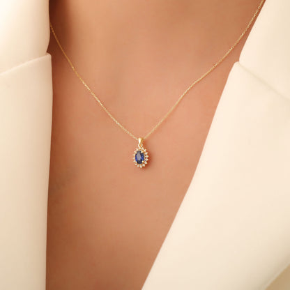 Oval Cut Sapphire Necklace with Real Diamonds, 10K/14K Solid Gold, September Birthstone Pendant