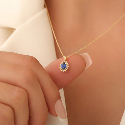 Oval Cut Sapphire Necklace with Real Diamonds, 10K/14K Solid Gold, September Birthstone Pendant