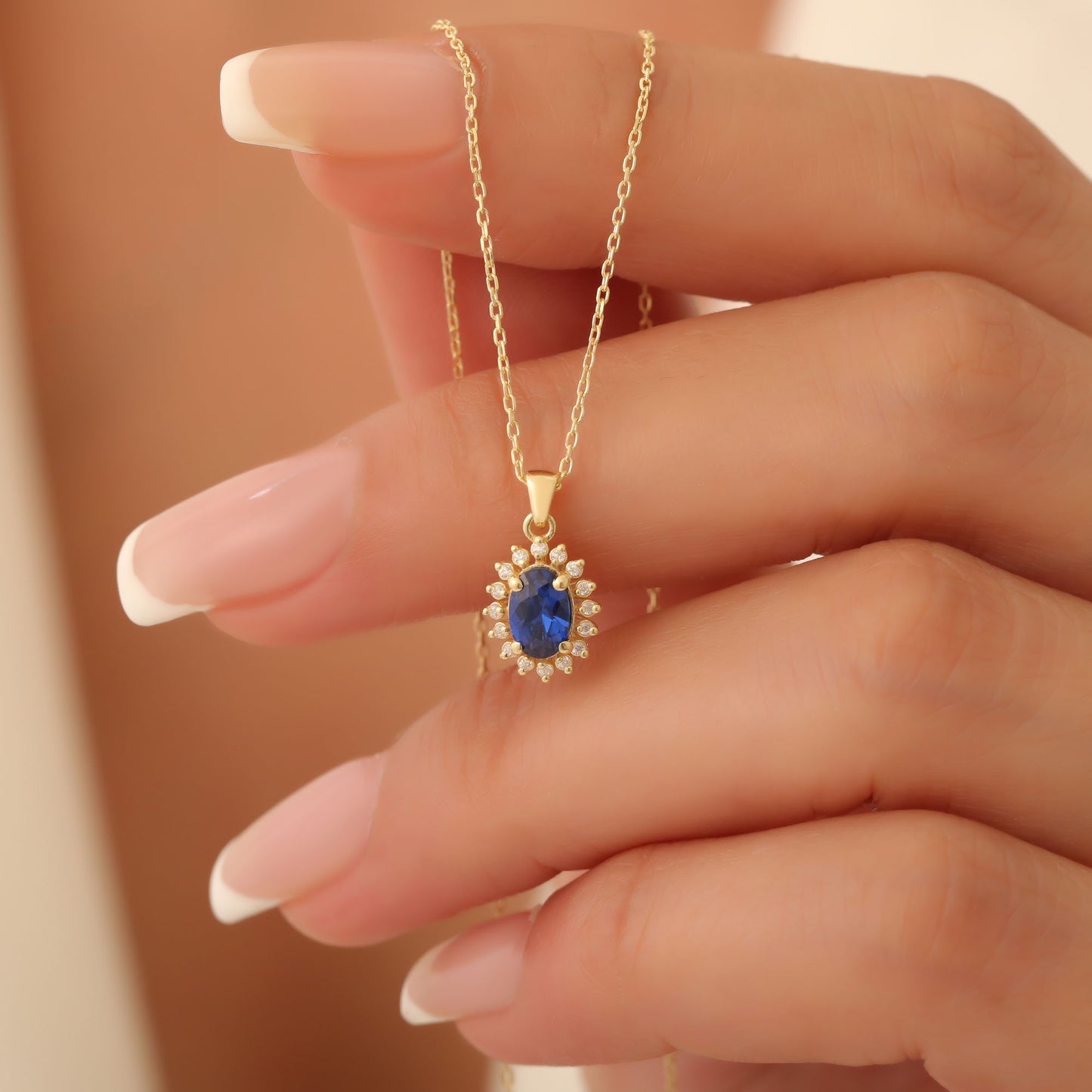 Oval Cut Sapphire Necklace with Real Diamonds, 10K/14K Solid Gold, September Birthstone Pendant