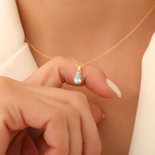 Drop Aquamarine Necklace in 14K Solid Gold, March Birthstone Pendant Queen Jewelry Necklace