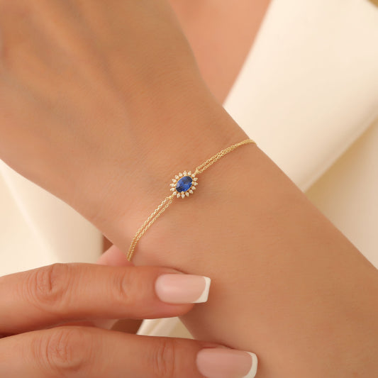 Sapphire Oval Bracelet 8K/10K/14K Solid Gold Surrounded by Real Diamonds, September Birthstone Gift