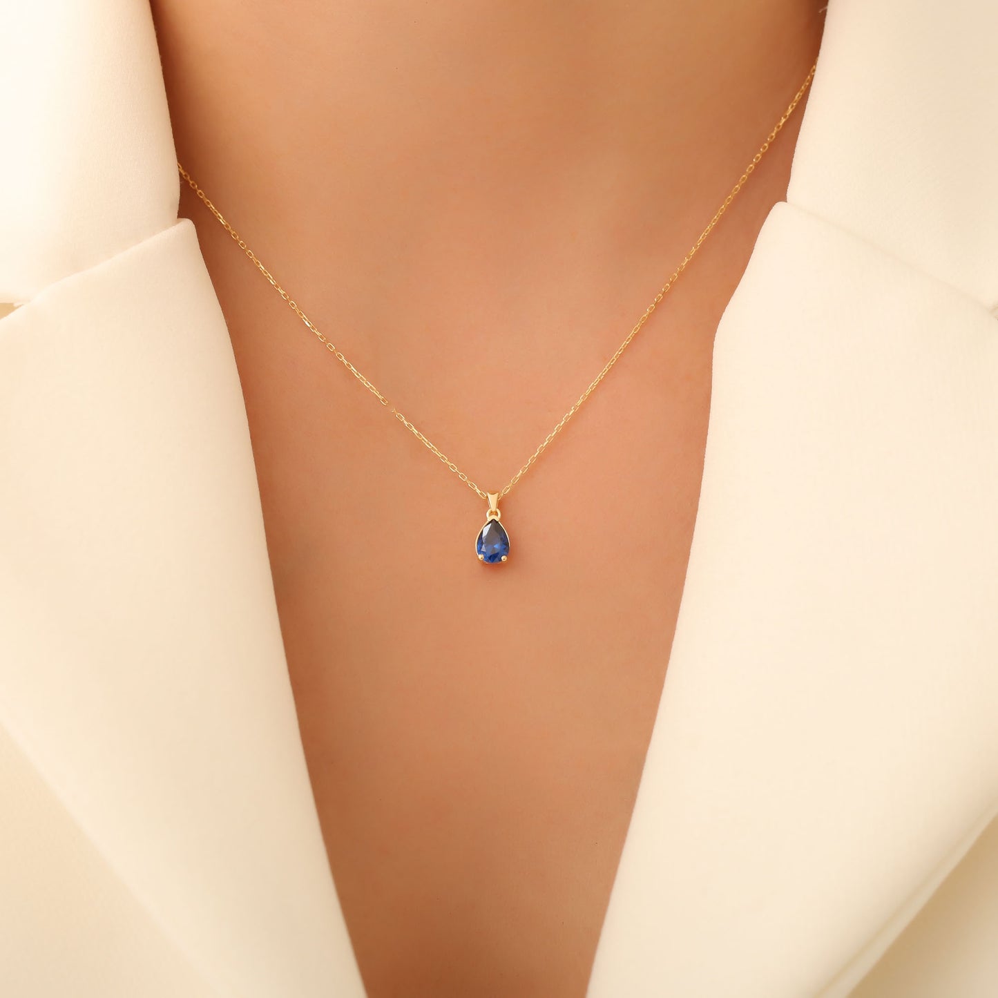 Drop Sapphire Necklace in 14K Solid Gold, September Birthstone Pendant Queen Jewelry Necklace
