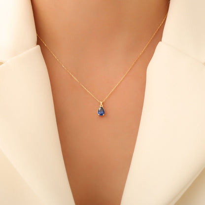 Drop Sapphire Necklace in 14K Solid Gold, September Birthstone Pendant Queen Jewelry Necklace