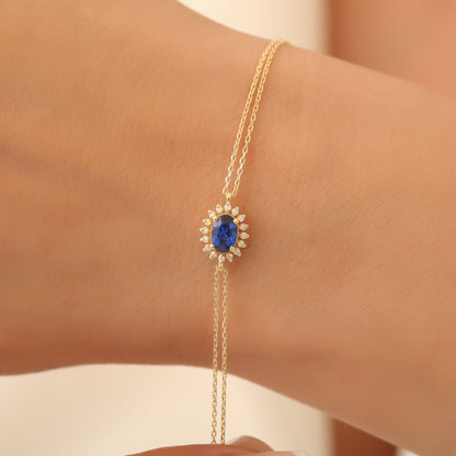 Sapphire Oval Bracelet 8K/10K/14K Solid Gold Surrounded by Real Diamonds, September Birthstone Gift