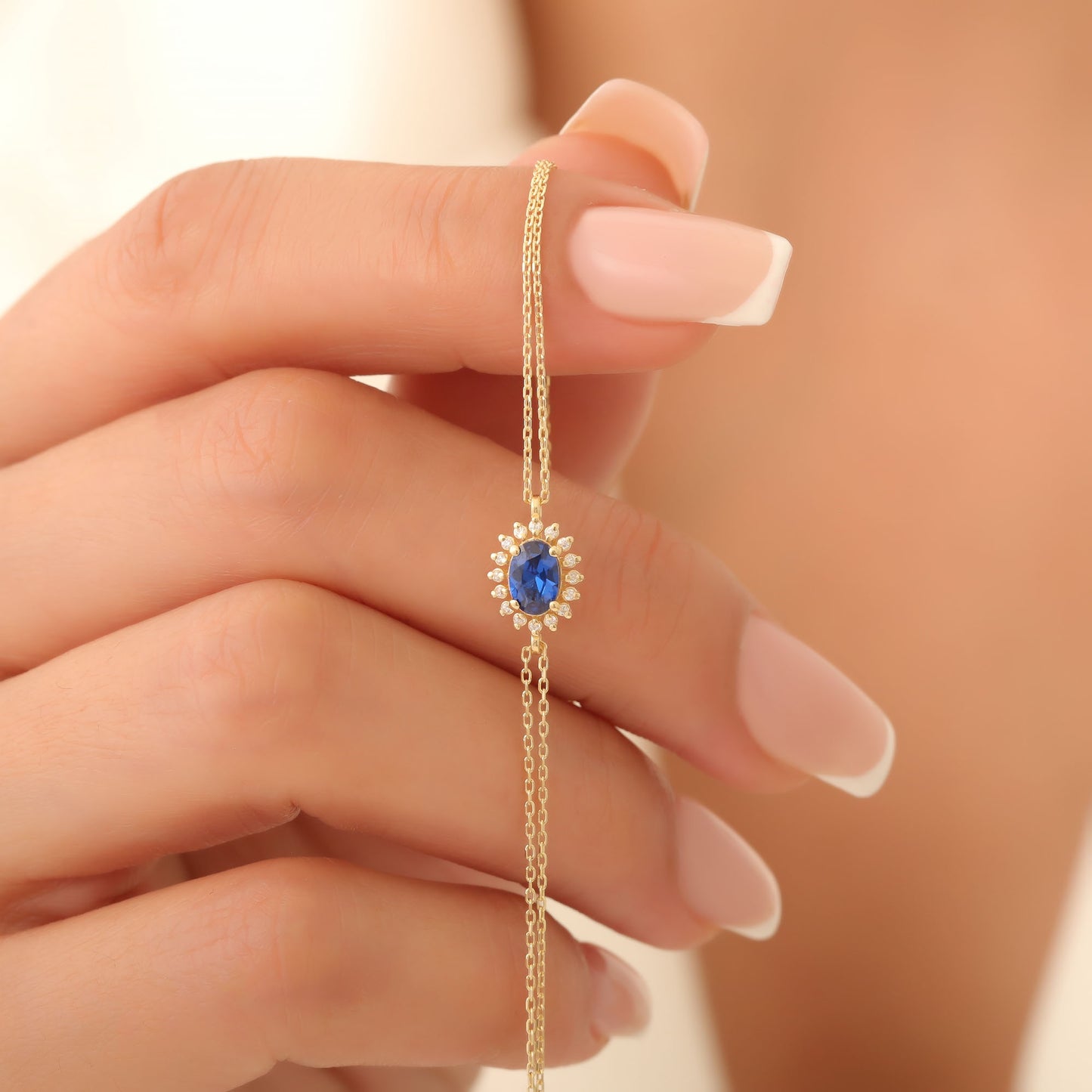 Sapphire Oval Bracelet 8K/10K/14K Solid Gold Surrounded by Real Diamonds, September Birthstone Gift