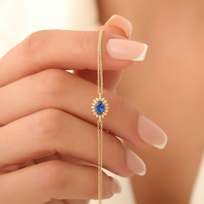 Sapphire Oval Bracelet 8K/10K/14K Solid Gold Surrounded by Real Diamonds, September Birthstone Gift