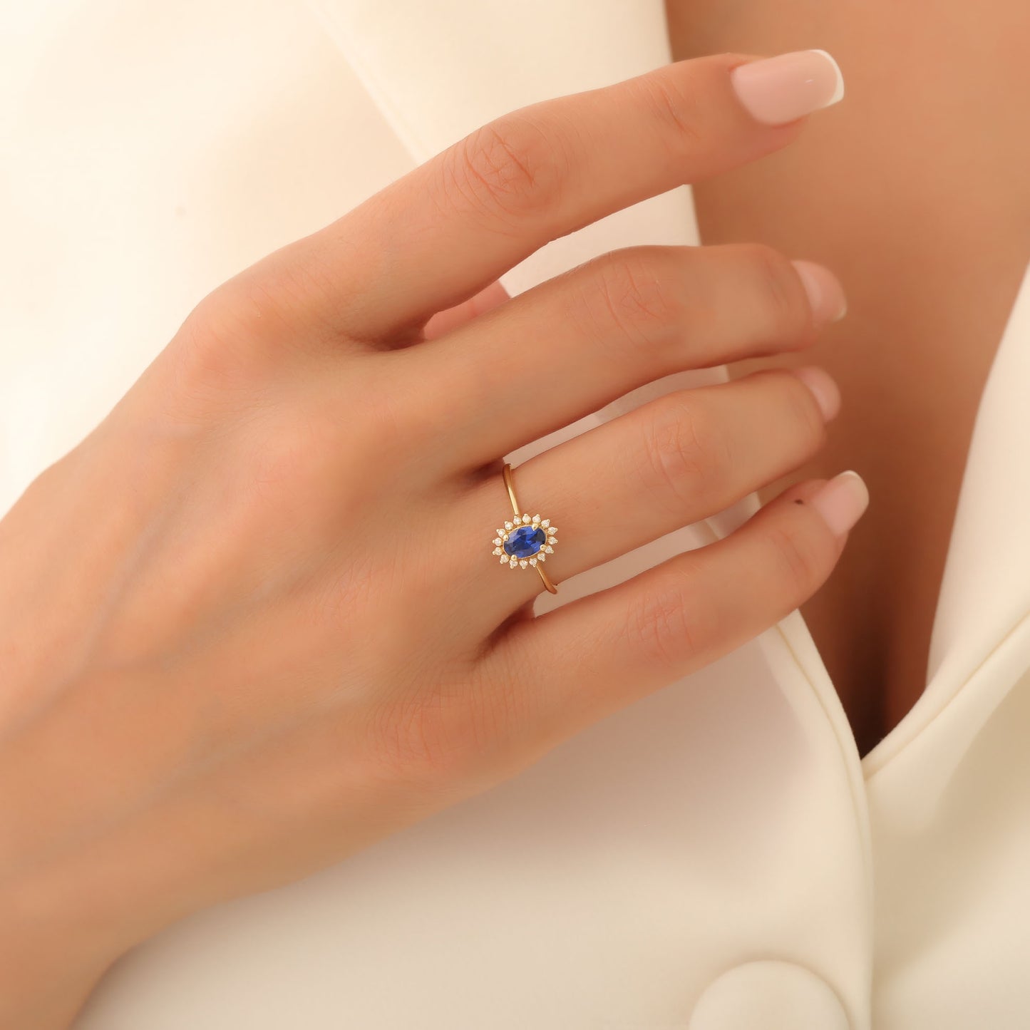Sapphire Oval Ring 8K/10K/14K Solid Gold Surrounded by Real Diamonds, September Birthstone Gift