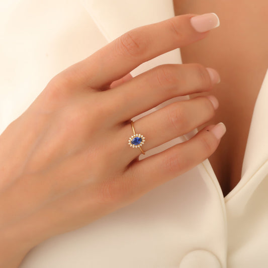 Sapphire Oval Ring 8K/10K/14K Solid Gold Surrounded by Real Diamonds, September Birthstone Gift
