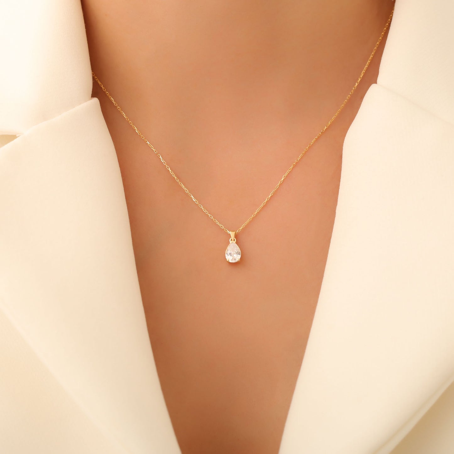 Drop White Topaz Necklace in 14K Solid Gold, April Birthstone Pendant Queen Jewelry Necklace