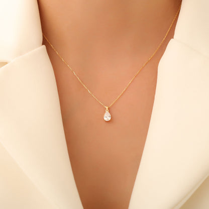 Drop White Topaz Necklace in 14K Solid Gold, April Birthstone Pendant Queen Jewelry Necklace