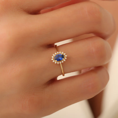 Sapphire Oval Ring 8K/10K/14K Solid Gold Surrounded by Real Diamonds, September Birthstone Gift