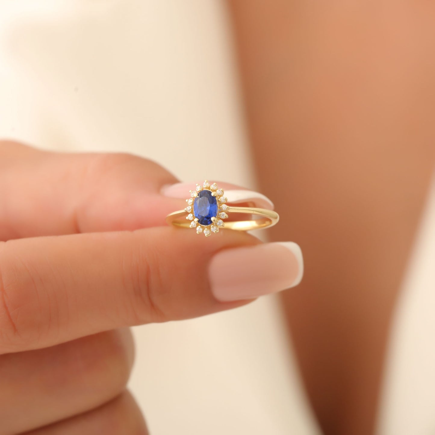 Sapphire Oval Ring 8K/10K/14K Solid Gold Surrounded by Real Diamonds, September Birthstone Gift