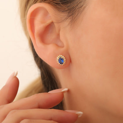 Oval Cut Sapphire Stud Earring Surrounded by Real Diamonds, 10K/14K Solid Gold, September Birthstone