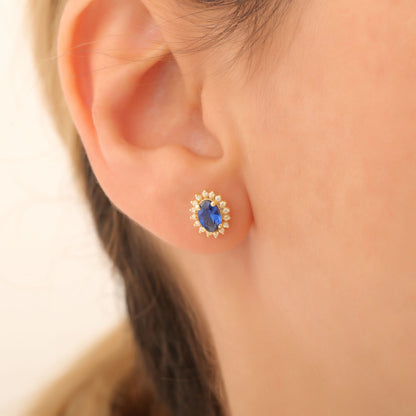 Oval Cut Sapphire Stud Earring Surrounded by Real Diamonds, 10K/14K Solid Gold, September Birthstone