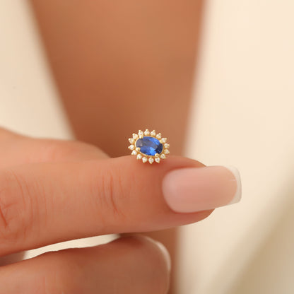 Oval Cut Sapphire Stud Earring Surrounded by Real Diamonds, 10K/14K Solid Gold, September Birthstone