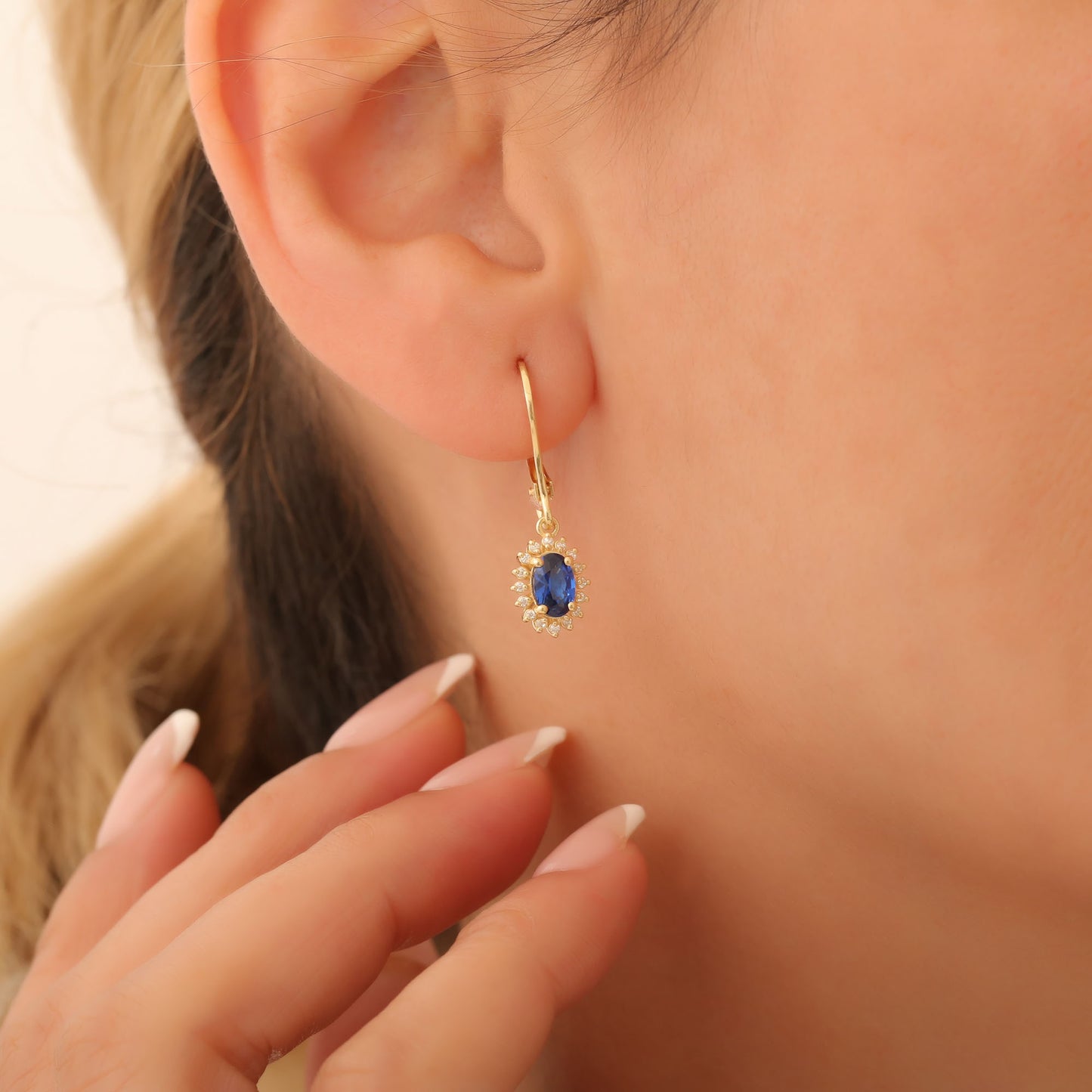 Oval Cut Sapphire Dangling Earring Surrounded by Real Diamonds, 8K/10K/14K Solid Gold, September Birthstone