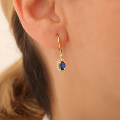 Oval Cut Sapphire Dangling Earring Surrounded by Real Diamonds, 8K/10K/14K Solid Gold, September Birthstone