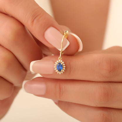 Oval Cut Sapphire Dangling Earring Surrounded by Real Diamonds, 8K/10K/14K Solid Gold, September Birthstone